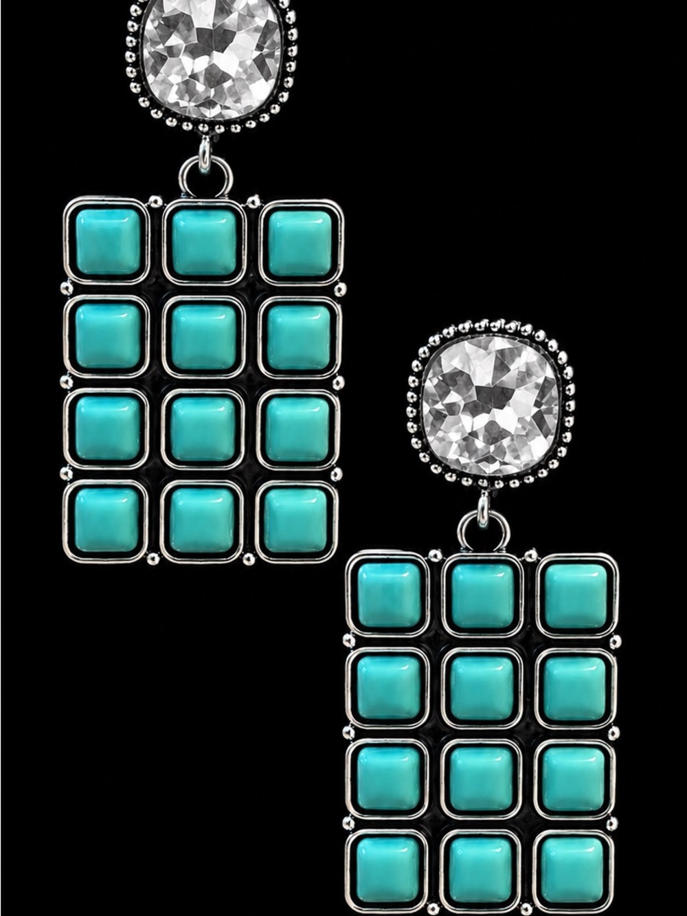 Turquoise Grid Drop Earrings with Silver Accents,